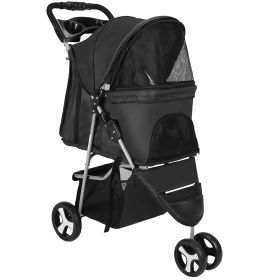 3 Wheels Pet Stroller Foldable Carrier Strolling Cart Travel Jogger Pet Stroller with Removable Liner Storage Basket for Dog Cat (Option: Black)