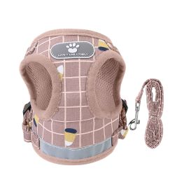 Pet Mesh Harness Dog Leash Set Reflective Chest Strap Adjustable Puppy Vest For Puppies Breeds Dogs Cats Walking Outdoor (Option: PinkCheckered_M)