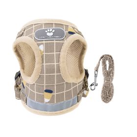 Pet Mesh Harness Dog Leash Set Reflective Chest Strap Adjustable Puppy Vest For Puppies Breeds Dogs Cats Walking Outdoor (Option: KhakiCheckered_XS)