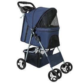 4 Wheels Pet Stroller Foldable Carrier Strolling Cart Travel Jogger Pet Stroller with Removable Liner Storage Basket for Dog Cat (Option: Blue)
